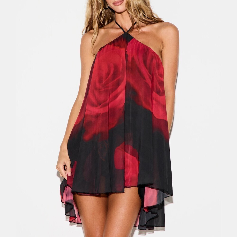 Red Rose Print Sheer Chiffon Halter Mini Dress with Handkerchief Hem